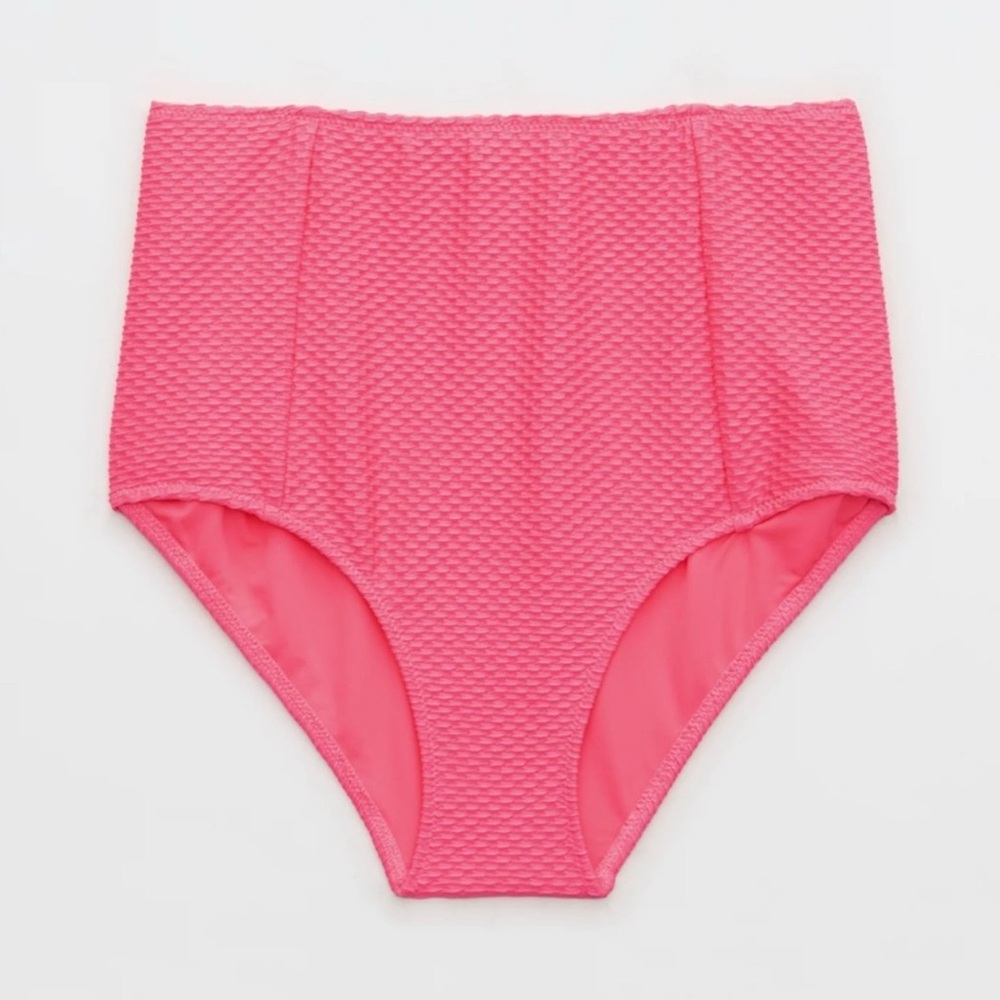 Aerie Jacquard High-Waisted Bikini Bottoms Coral Pink Size Large Full Coverage
